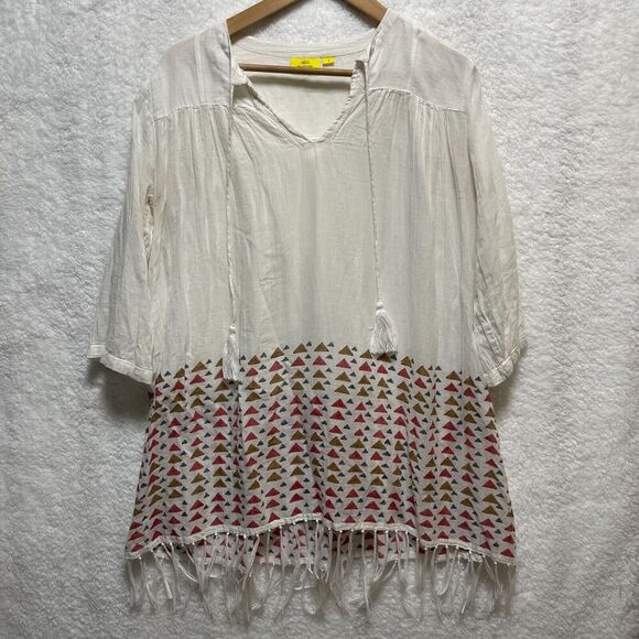 Roberta Roller Rabbit Top Women's S Multicolor Triangle Fringed Hem Tunic Boho - Picture 1 of 11